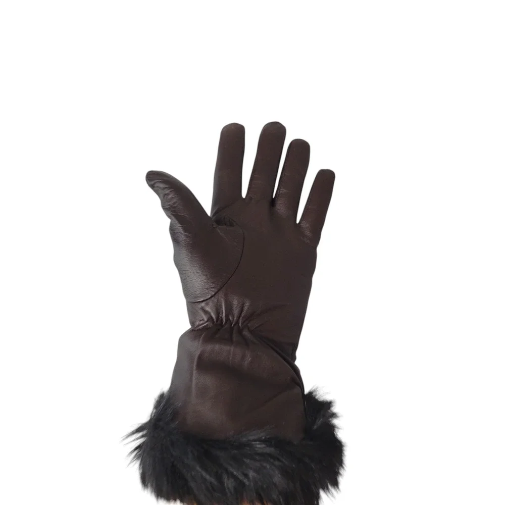 LAUREN Brown Leather Gloves Size M Designer Black Faux Fur Trim Classy Elegant